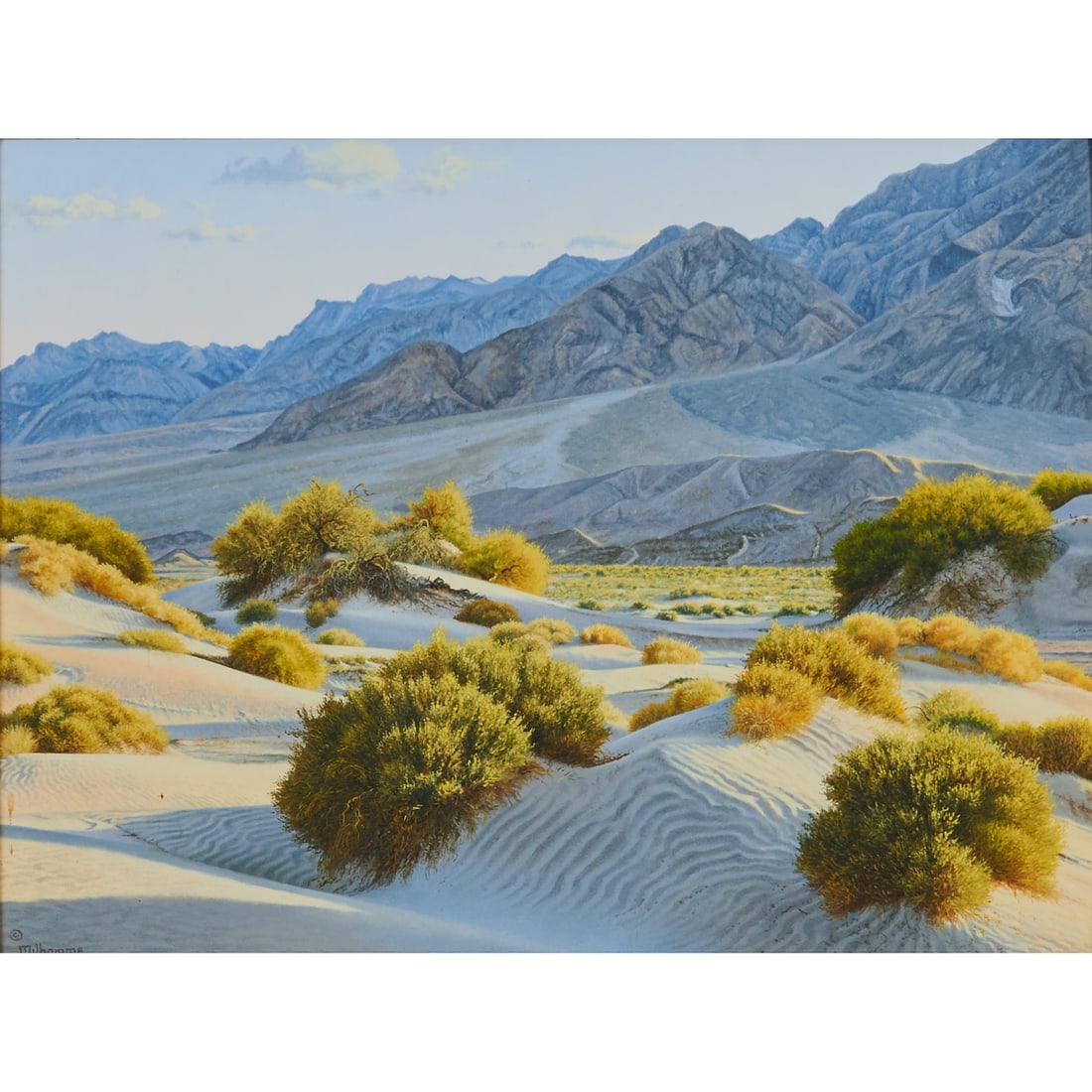 Denis Milhomme, White Sands, Oil on Board: Denis Milhomme (American, born 1954), White Sands, oil on board, [approximate dimensions - sight: 11 5/8" H x 15 3/4" W], signed lower left; titled and named on plaque recto; artist's bio taped