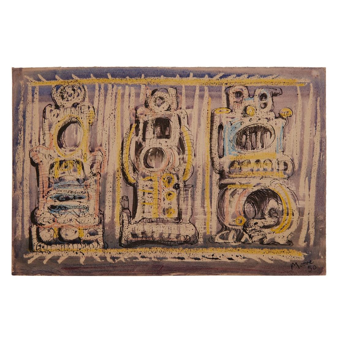 Henry Spencer Moore, Three Objects, Mixed media on Paper: Henry Spencer Moore (British, 1898-1986), Three Objects, 1950, mixed media on paper,[approximate dimensions - sheet: 11" H x 7 1/4" W], signed and dated 50 lower right. Notes: lot includes previous