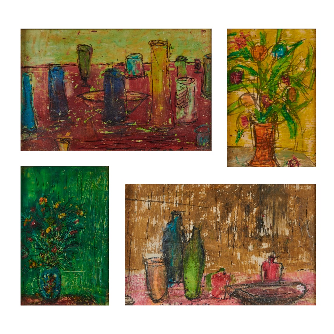 Pascal Cucaro, Four Oil on Boards, Still Lives: Pascal Cucaro (American, 1915-2004), Still Lives, 1964, four oils on masonite,[approximate dimensions - each measures sight: 3 1/2" H x 5 1/2" W], each signed along bottom.