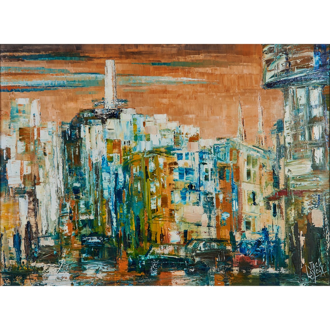 Jack Laycox, North Beach, Oil on Canvas: Jack Laycox (American, 1921-1984), "North Beach," oil on canvas,[approximate dimensions - canvas: 28 1/2" H x 38" W], signed lower right; gallery labels at verso.