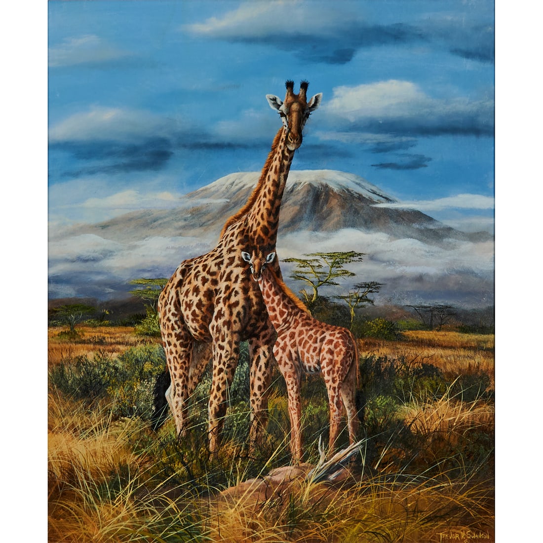 Trevor Swanson, Kilimanjaro Pair, Oil on Masonite: Trevor V. Swanson (American, born 1968),Kilimanjaro Pair, oil on masonite, [approximate dimensions - masonite: 24"H x 20" W], signed lower right.