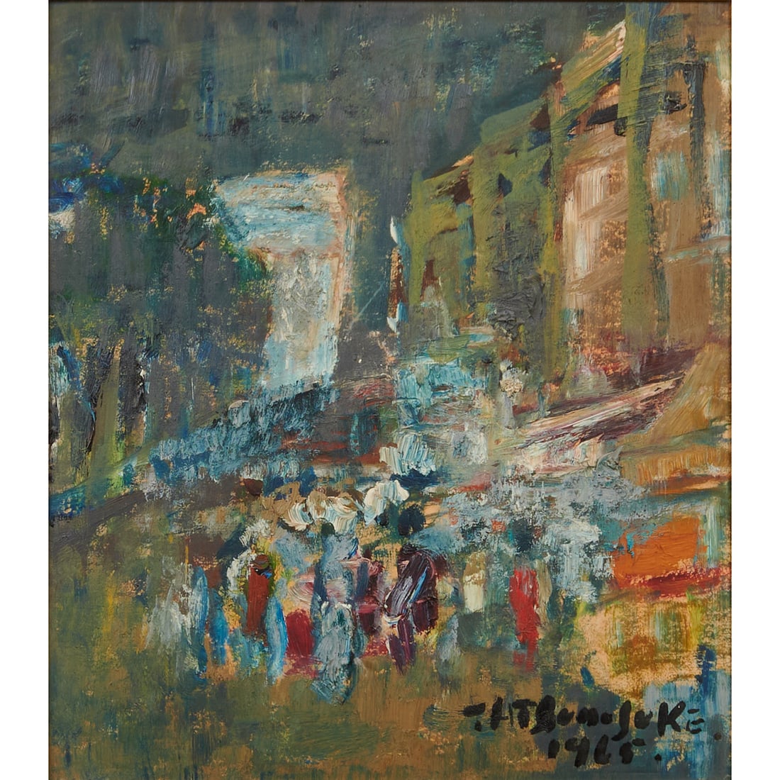 Japanese School, Nocturne Cityscape, Oil on Board: Japanese School (mid 20th Century),Nocturne Cityscape, 1965, oil on board,[approximate dimensions - sight : 10 1/8" H x 9" W], signed indistinctly and dated 1965 lower right.