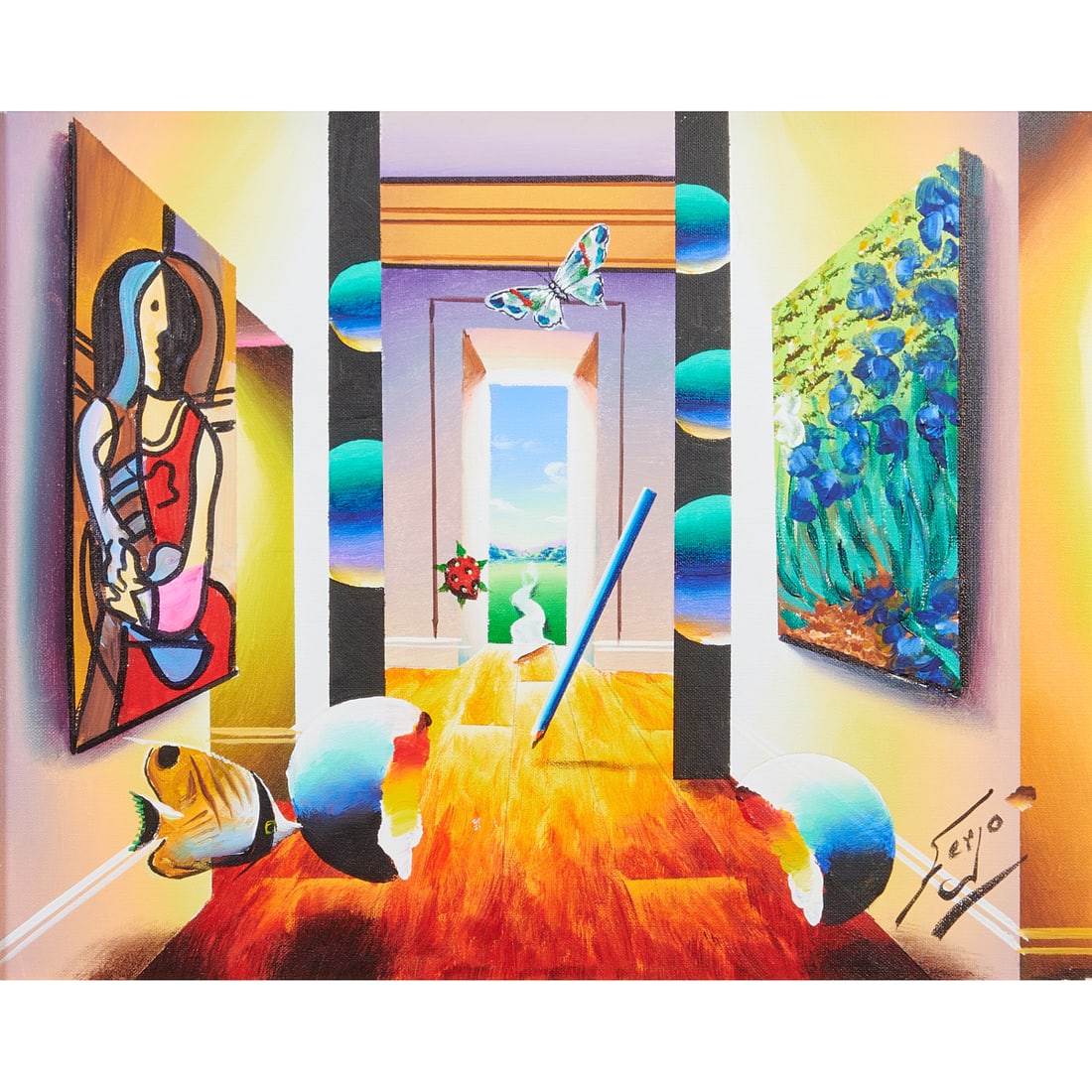 Ferjo, Drawing the Future, Acrylic on Canvas: Fernando "Ferjo" de Jesus Oliveira (Brazilian, born 1946), "Drawing the Future," acrylic on canvas,[approximate dimensions - sight: 15 3/4" H x 19 1/2" W], signed lower right; certificate of