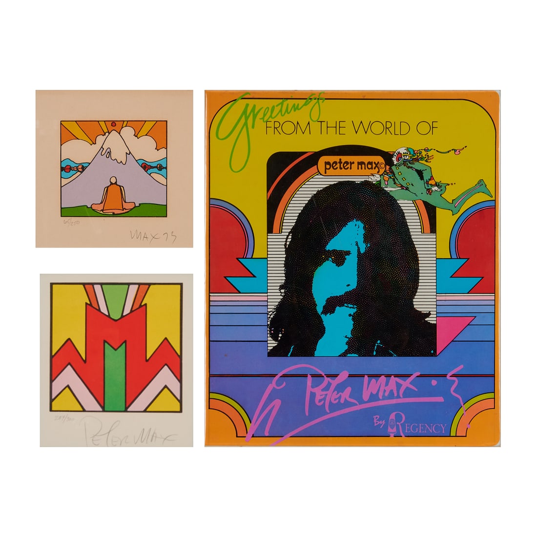 Peter Max, Three Works: Peter Max(American, born 1937), three works, including (i) Sage by Mountain, 1973, sight: 3 1/2" H x 4" W, numbered 65/250 and signed at low margin; (ii)Geometric II (#2), sight: 5" H x 5 18" W,