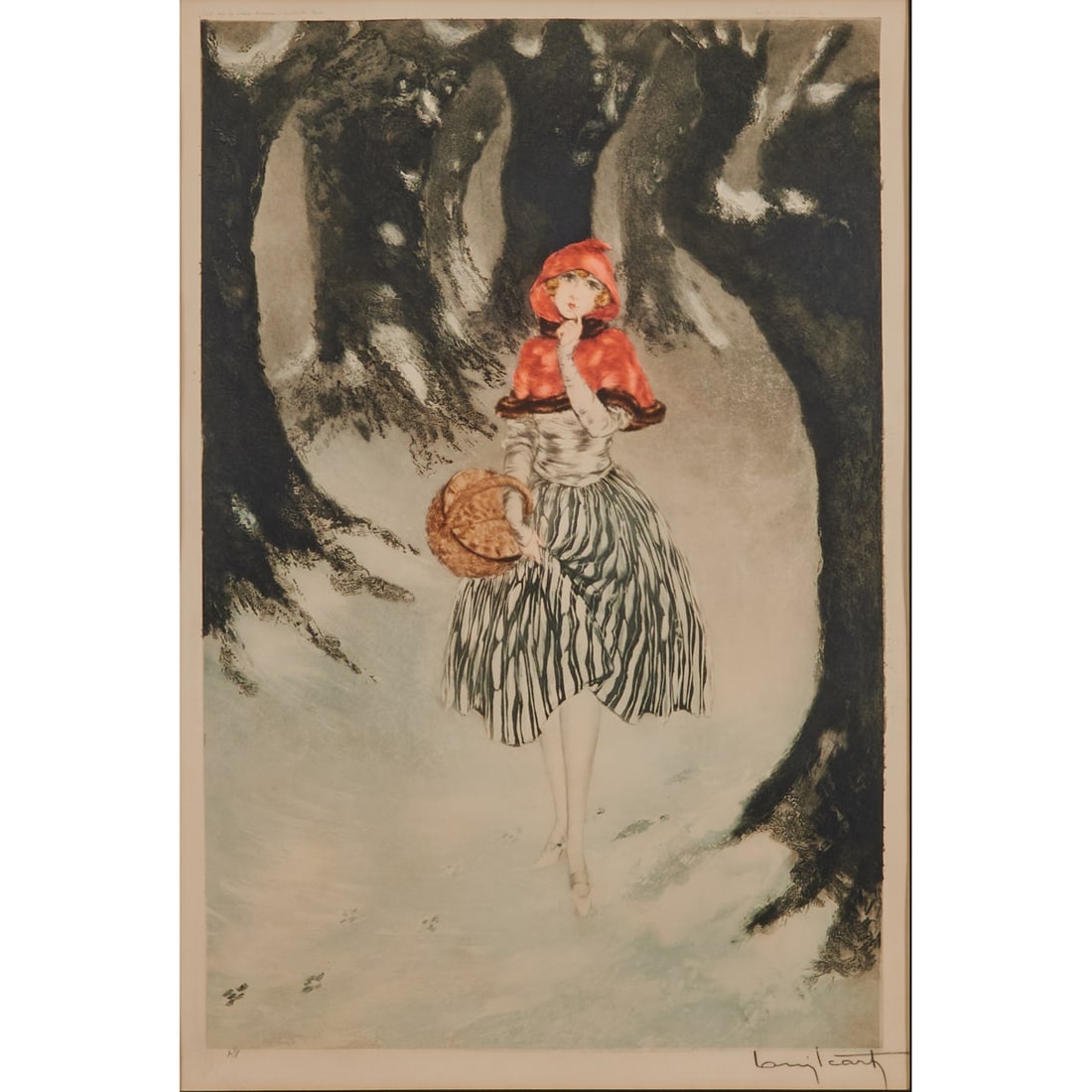 Louis Icart, Red Riding Hood, Etching: Louis Icart(French, 1888-1950), Red Riding Hood, 1927,hand-colored etching and aquatint, [approximate dimensions - plate: 20" H x 13 1/8"W], artist's windmill stamp, numbered 21and signed in
