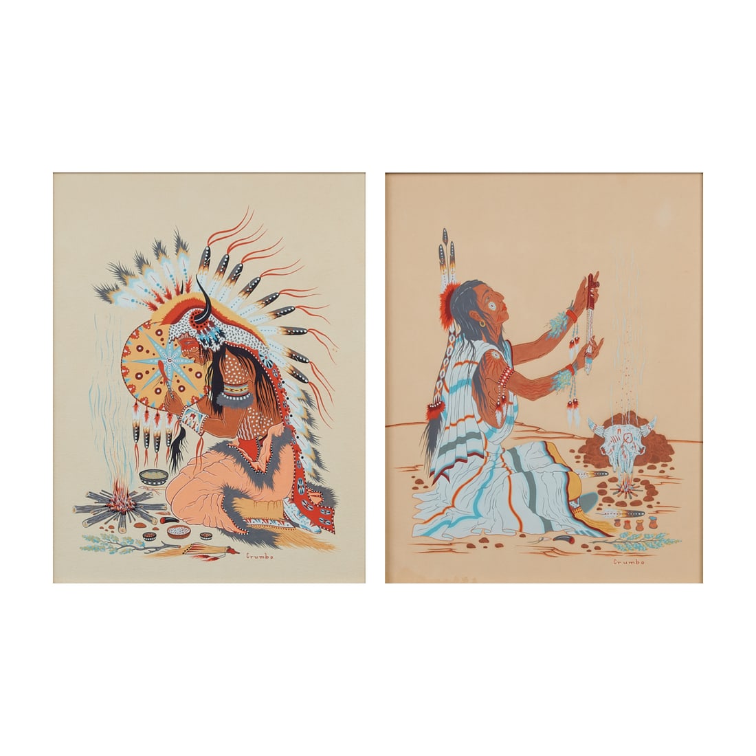 Woodrow Crumbo, Two Shamans, Works on Paper: Woodrow"Woody" Crumbo (Citizen Potawatomi, Oklahoma, 1912-1989) two works on paper, (i) Medicine Song, gouache and serigraph, signed in plate; (ii) Peace Offering, gouache and serigraph, signed in