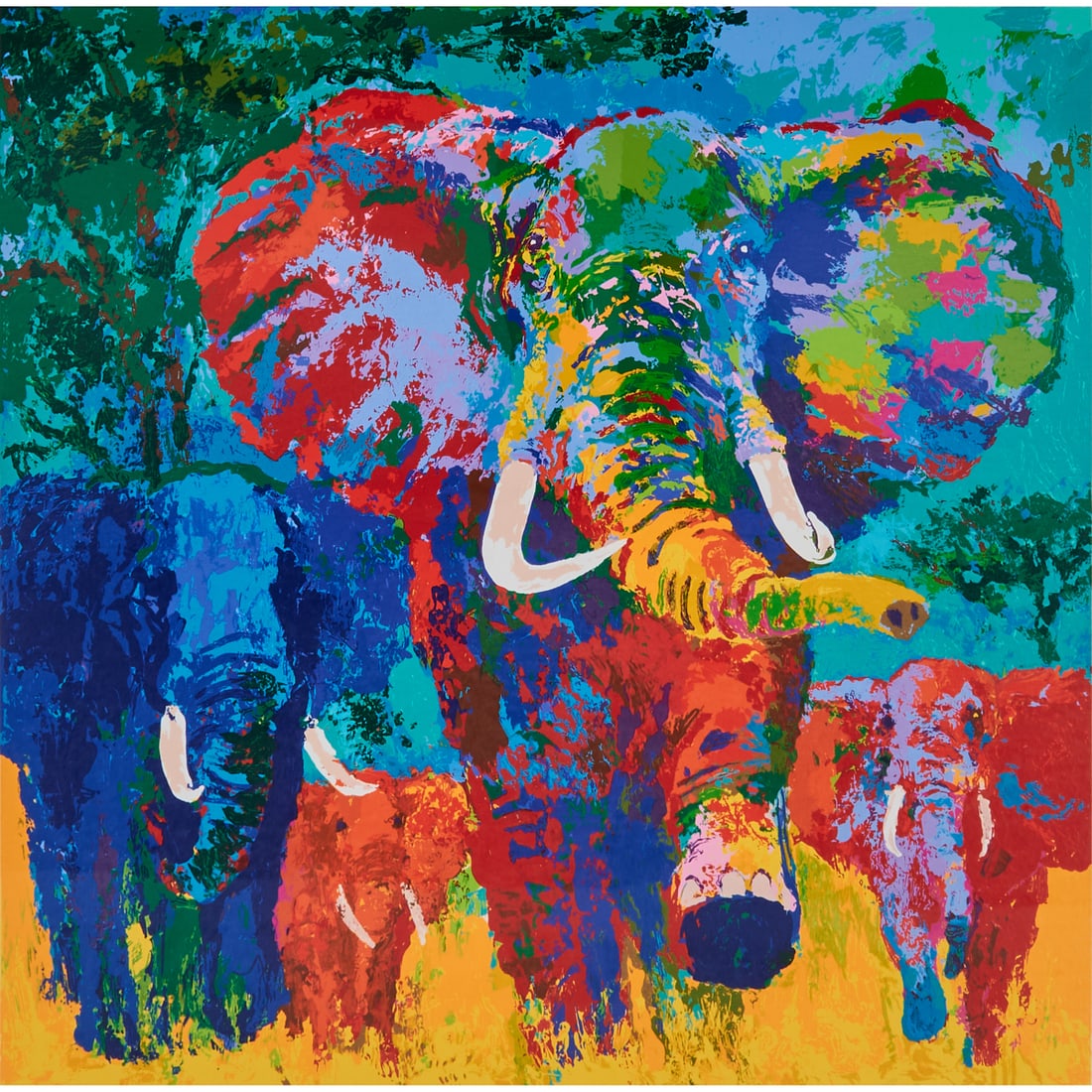 LeRoy Neiman, Elephant Charge, Serigraph: LeRoy Neiman (American, 1921-2012), "Elephant Charge," serigraph, [approximate dimensions - plate: 29 3/4" H x 29 3/4" W], numbered 351/425 and signed at low margin. Note: This lot includes