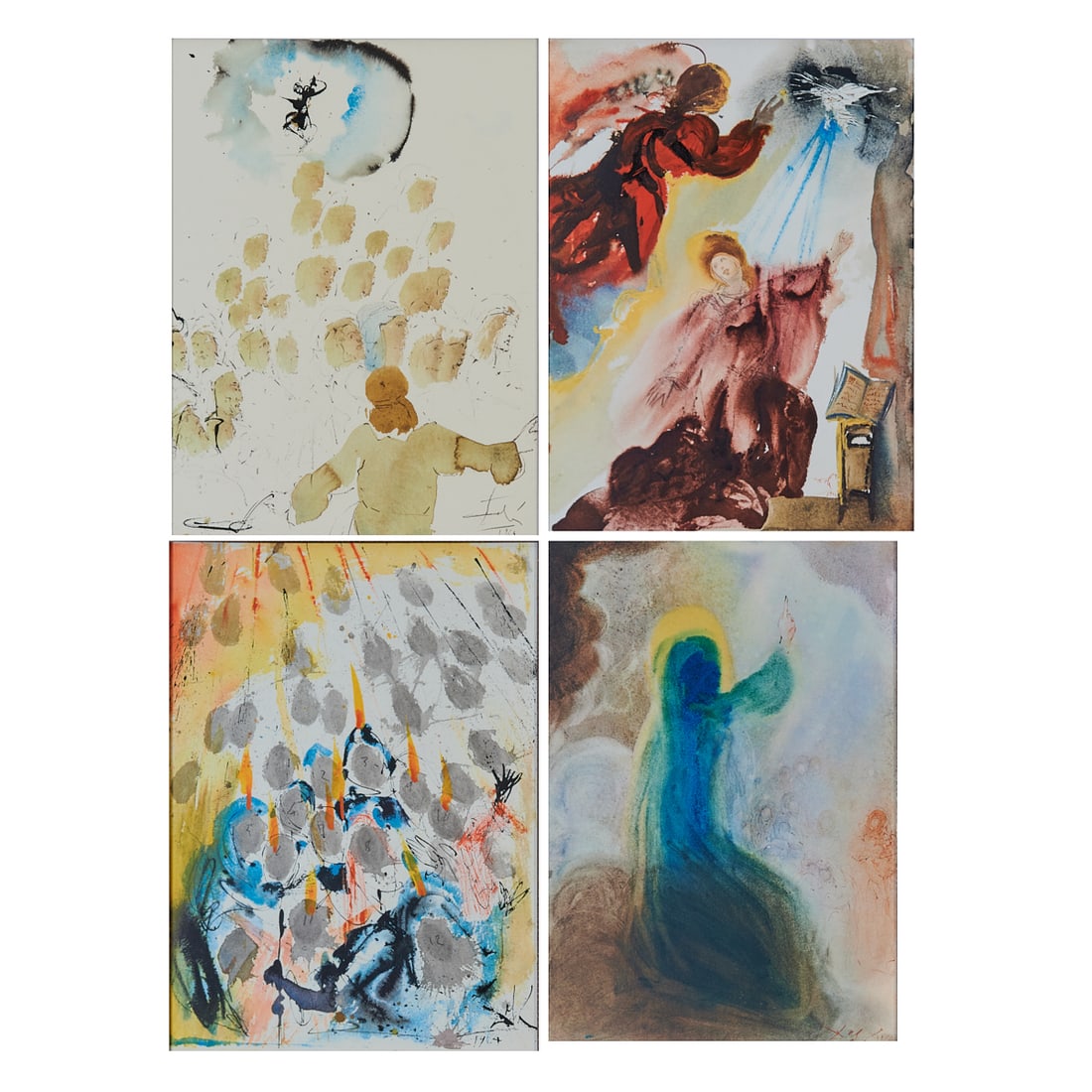 Salvador Dali, Four Lithographs from Sacra Biblia: Salvador Dali (Spanish, 1904-1989),"Happiness" (Vol 3-1), "Approaching God" (Vol 3-18),"The Annunciation to Mary" (Vol 5-1), and "And There Appeared unto them Cloven Tongues like as of Fire" (Vol