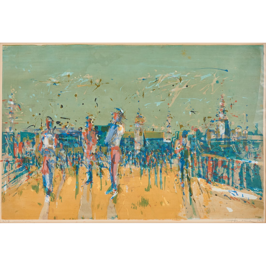 Wayne Thiebaud, Venice Figures, Lithograph: Wayne Thiebaud (American, 1920 - 2021), "Venice Figures," 1959, lithograph,[approximate dimensions - plate: 19 3/8 " H x 29 1/4" W], numbered 3/13 and titled in pencil lower left and signed and dated