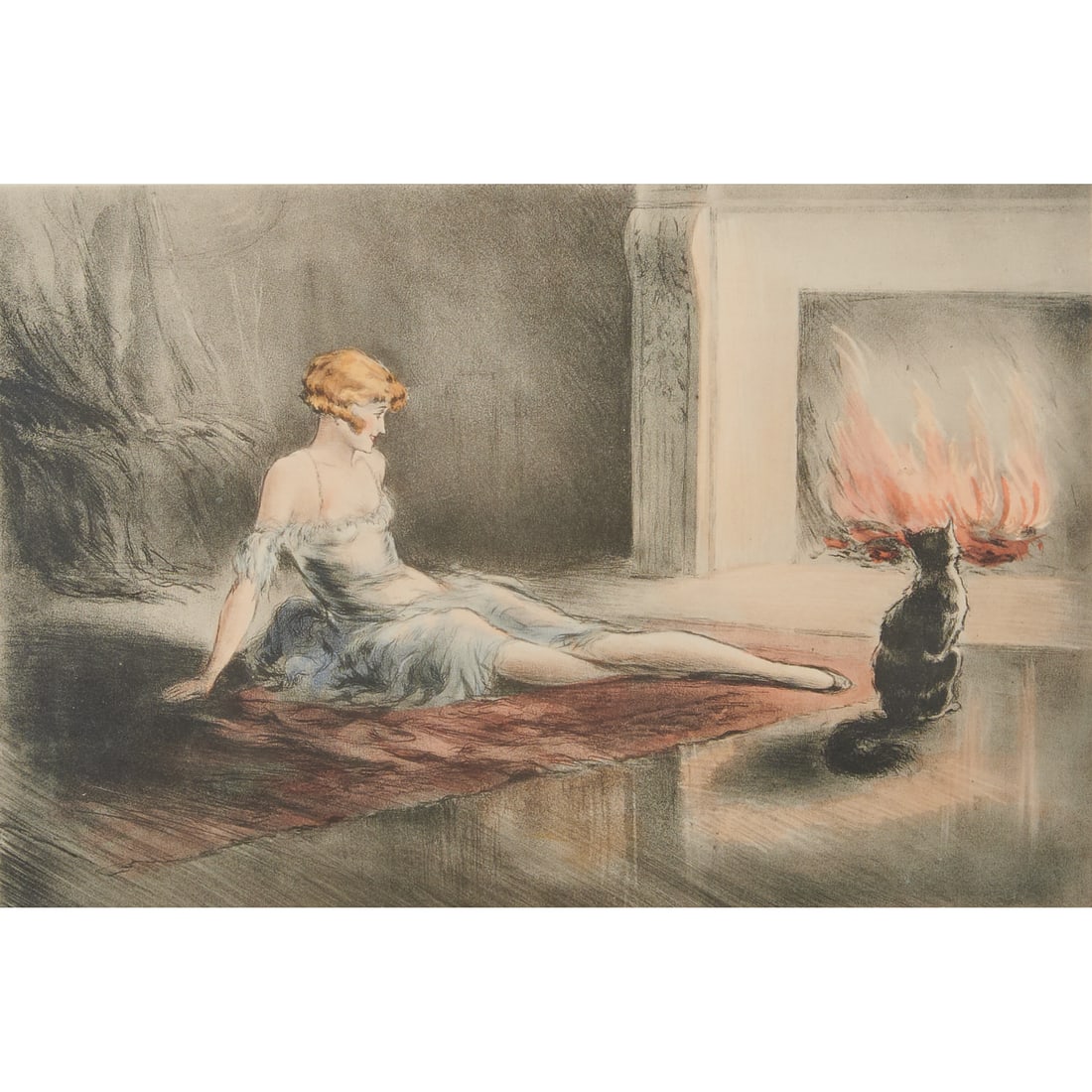 Alfred Renaudin, Woman by Fireplace with Cat, Lithograph: Alfred Renaudin (French, 1866-1944), Woman with Cat Near Fireplace, lithograph,[approximate dimensions - image: 12" H x 18 1/4" W], signed in graphite E Naudy lower right.