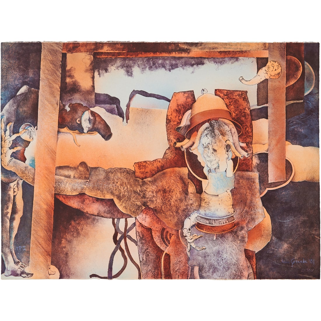 Luis Granda, Mexican Surrealist Lithographs, Desoto Workshop: Luis Granda (Mexican, b.1941) two lithographs on Arches, (i)El Curendero, 1981,signed and dated in graphite 81 lower right, and numbered "PPI"lower left, (ii) El Curendero, 1981,signed and dated in