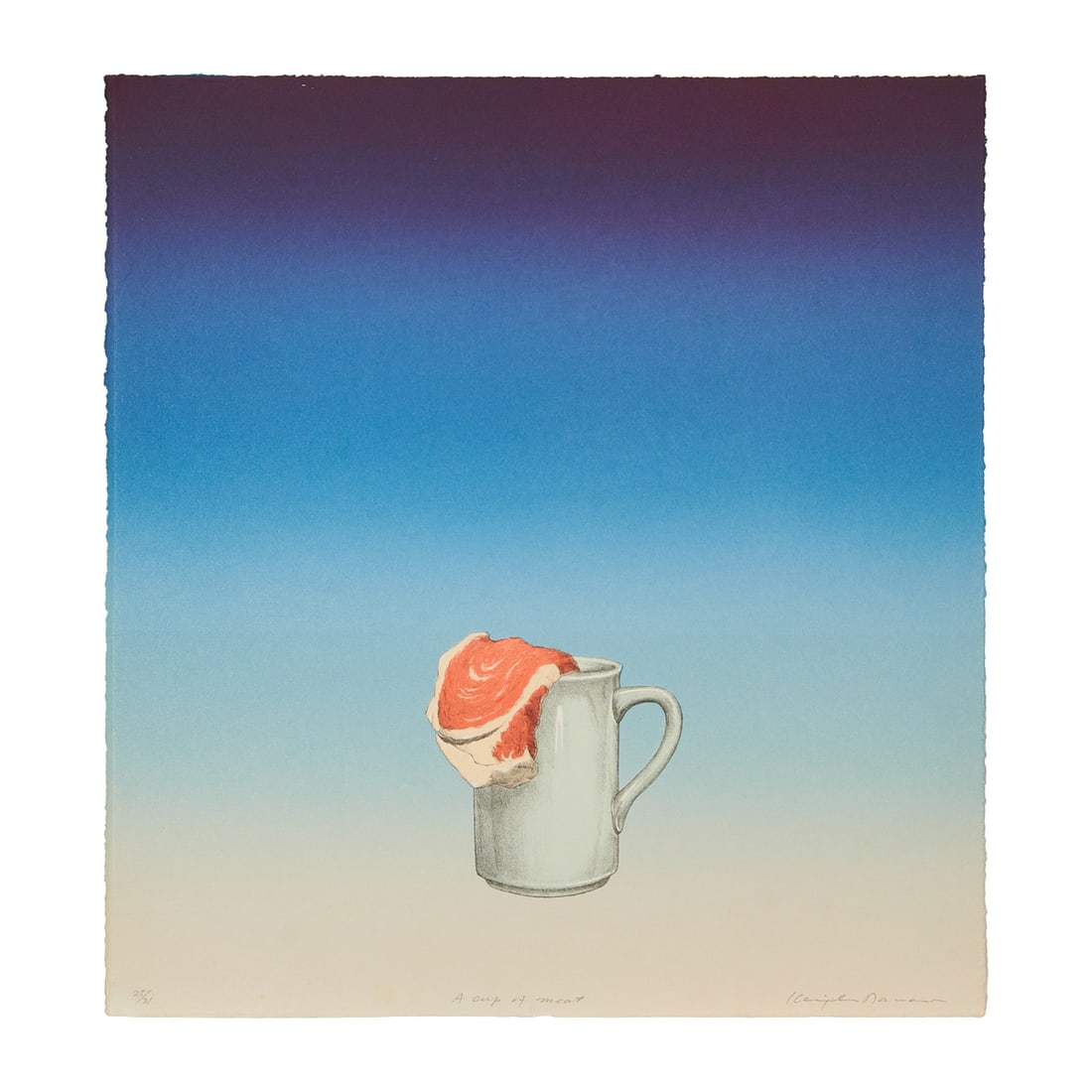 Kenjilo Nanao, A Cup of Meat, Lithograph: Kenjilo Nanao (American/Japanese, 1929-2013), "A Cup of Meat," lithograph, [approximate dimensions - sheet: 17" H x 16" W], numbered 25/31, ebossed stamped, titled, and signed at low margin.