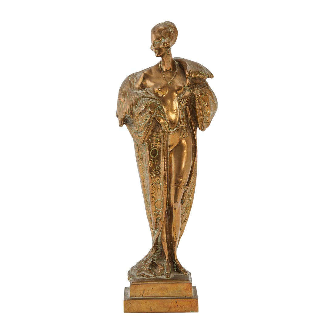After Bruno Zach, Nude with Fur, Bronze: After Bruno Zach(Austrian, 1891-1945), Nude in Fur Coat, bronze with gilt patina,[approximate dimensions - overall: 16" H x 6" W x 3" D], signed in base Zachand foundry mark Argentor Vienna. Notes: