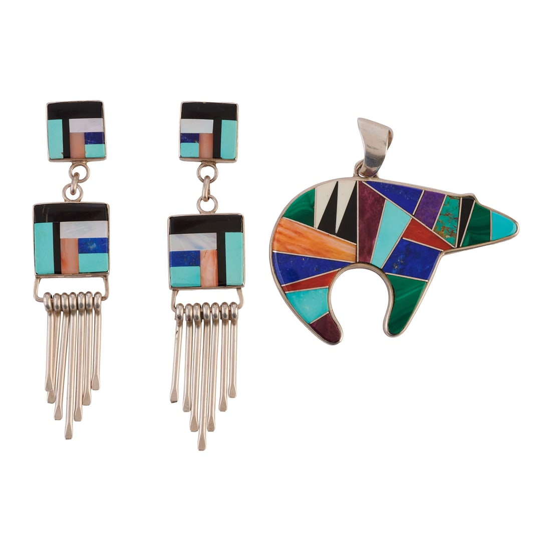 Native American Multi-Stone Inlay, Sterling Silver Jewelry Suite: Native American Multi-Stone Inlay, Sterling Silver Jewelry Suite. Including one turquoise, coral, spondylus shell, black onyx, malachite, lapis lazuli, sugilite, bone inlay, sterling silver bear