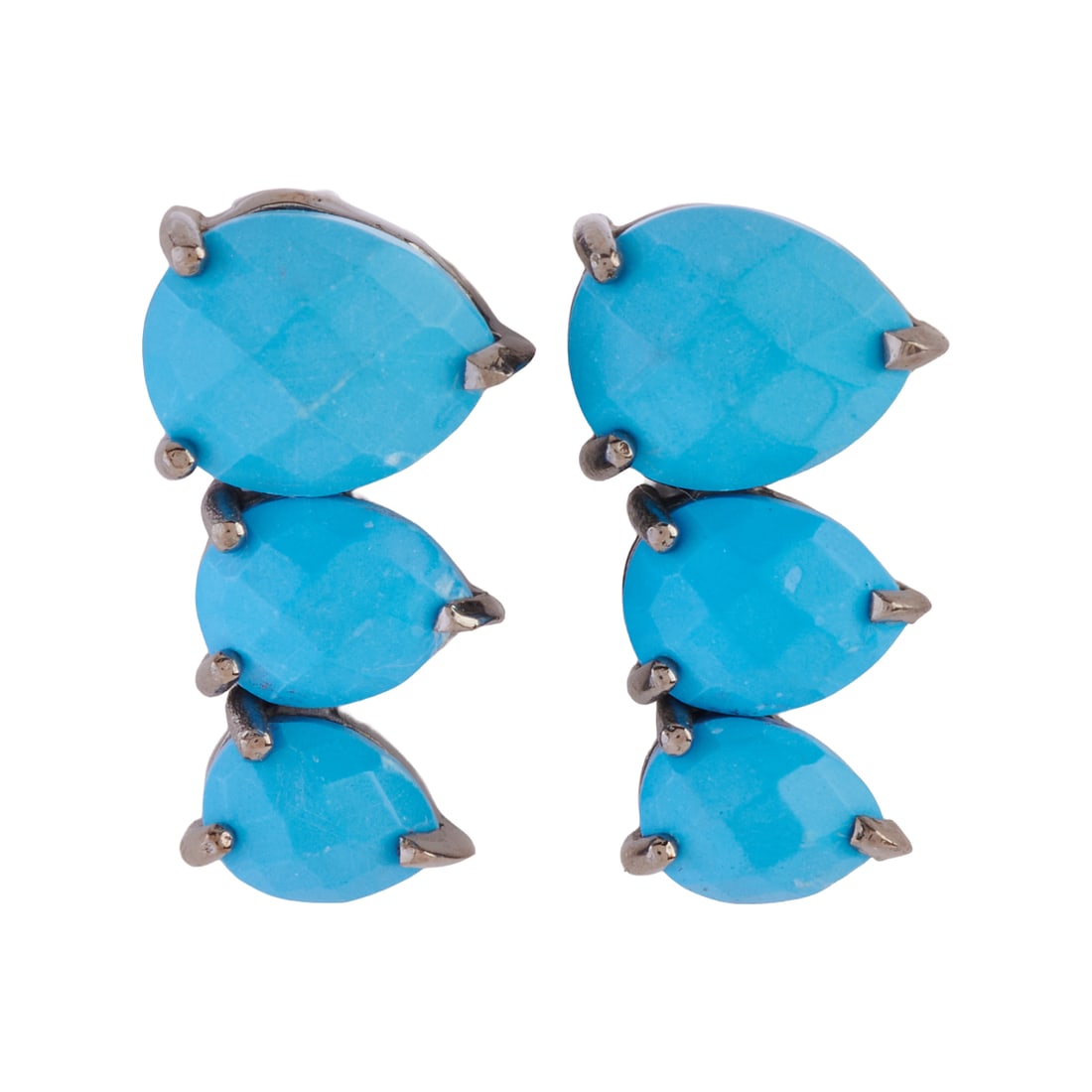 Pair of Turquoise, Oxidized Silver Earrings: Pair of Turquoise, Oxidized Silver Earrings. Each featuring three slightly graduated pear shaped, faceted-top turquoise, set in an oxidized silver mounting measuring approximately 19 x 10 mm. {Gross