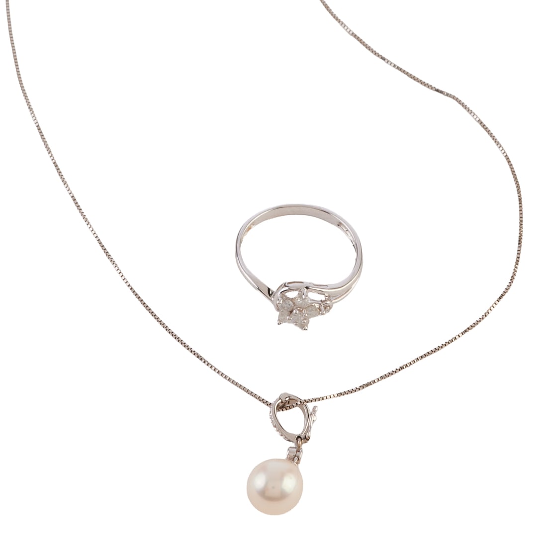 Cultured Pearl, Diamond, 14k White Gold Jewelry Suite: Cultured Pearl, Diamond, 14k White Gold Jewelry Suite. Including one freshwater cultured pearl, diamond, 14k white gold pendant enhancer, suspended from a 14k white gold chain, forming an 18 inch
