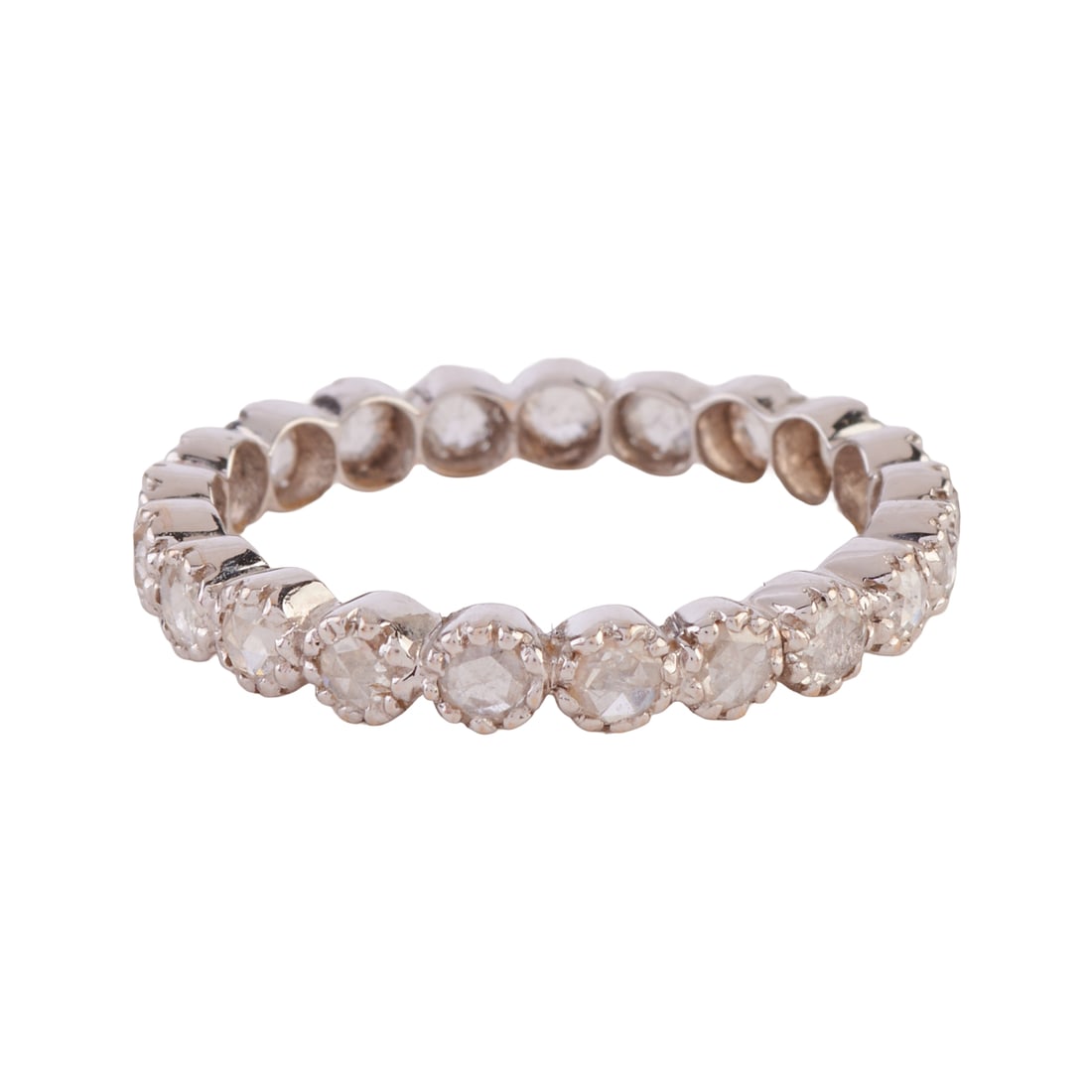 Diamond, 18k White Gold Eternity Band: Diamond, 18k White Gold Eternity Band. Featuring twenty-one rose-cut diamonds, granular set in an 18k white gold eternity band mounting measuring approximately 3 mm in width. {Size: 6 3/4, Gross