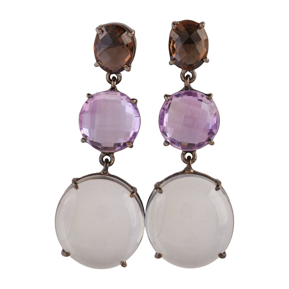Pair of Quartz, Oxidized Silver Earrings: Pair of Quartz, Oxidized Silver Earrings. Each featuring one oval shaped, faceted-top smoky quartz, one round shaped, faceted-top amethyst and one round shaped rock crystal quartz cabochon, set in an