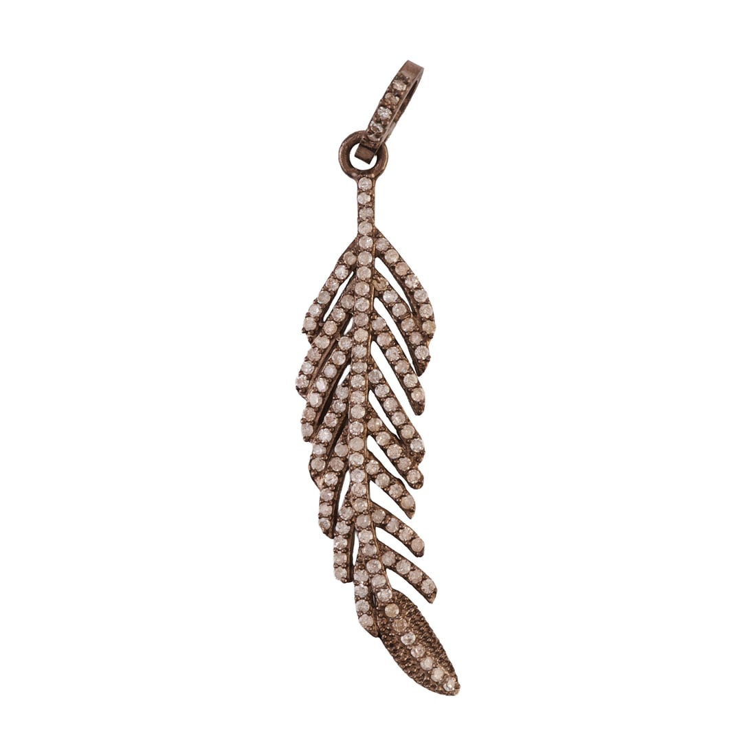 Diamond, Oxidized Feather Pendant: Diamond, Oxidized Feather Pendant. Designed as a feather featuring round-cut diamonds weighing a total of approximately 0.65 cttw., set in an oxidized silver mounting measuring approximately 47 x 10