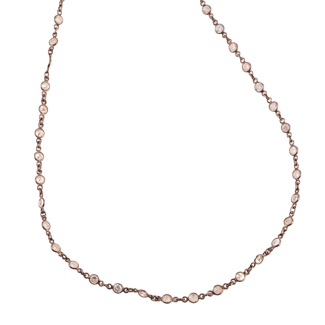 Rock Crystal Quartz, Oxidized Silver Necklace: Rock Crystal Quartz, Oxidized Silver Necklace. Featuring several round-cut rock crystal quartz, bezel set and linked by oxidized silver chain, completed by a lobster claw clasp, forming a 35 inch