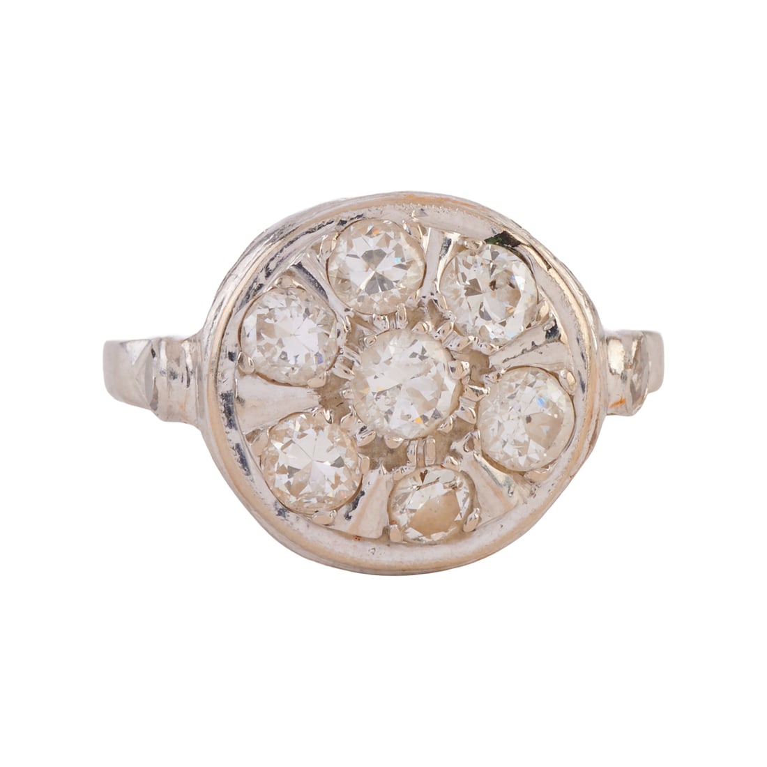 Vintage Diamond, Platinum Ring: Vintage Diamond, Platinum Ring. Featuring nine old round-cut diamonds weighing a total of approximately 0.75 cttw., set in a platinum cluster mounting. {Size: 6 3/4, Gross Weight: 2.8 dwts}