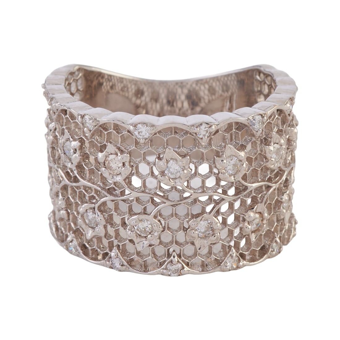 Diamond, 18k White Gold Ring: Diamond, 18k White Gold Ring. Featuring thirty-four round-cut diamonds weighing a total of approximately 0.43 cttw., set in an 18k white gold floral and filigree motif mounting measuring