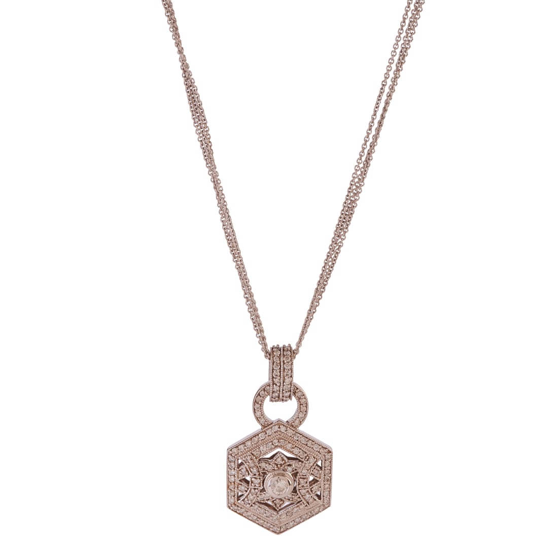 Diamond, 14k White Gold Pendant Necklace: Diamond, 14k White Gold Pendant Necklace. Featuring full-cut diamonds weighing a total of approximately 1.50 cttw., set in a 14k white gold mounting measuring approximately 37 x 20 mm, suspended from