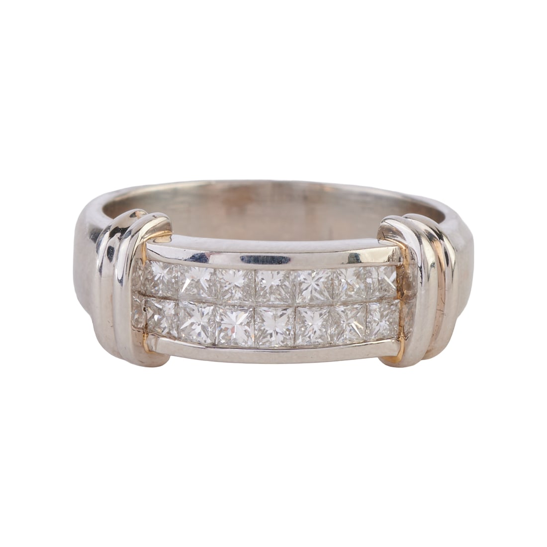 Diamond, Platinum Ring: Diamond, Platinum Ring. Featuring fourteen princess-cut diamonds weighing a total of approximately 0.70 cttw., set in a platinum mounting. {Size: 6 1/2, Gross Weight: 6.3 dwts}