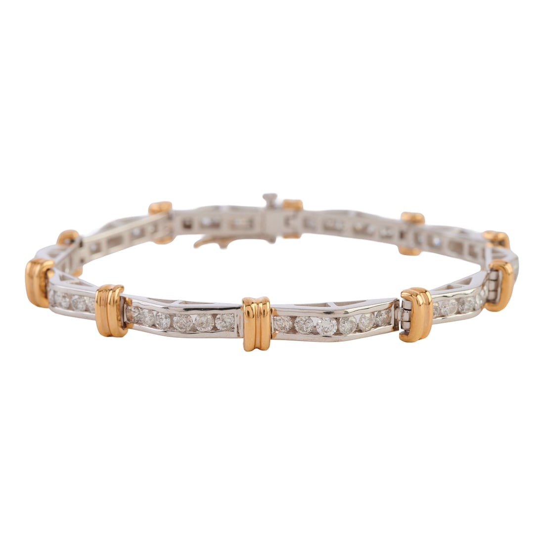Diamond, 14k Yellow and White Gold Bracelet: Diamond, 14k Yellow and White Gold Bracelet. Featuring fifty-nine full-cut diamonds weighing a total of approximately 3.00 cttw., set in a 14k yellow and white gold mounting, completed by a tongue