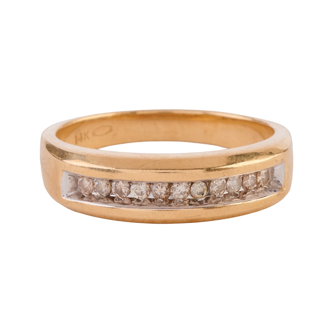 Men's Diamond, 14k Yellow Gold Band: Men's Diamond, 14k Yellow Gold Band. Featuring eleven full-cut diamonds weighing a total of approximately 0.25 cttw., set in a 14k yellow gold mounting measuring approximately 6 mm in width.