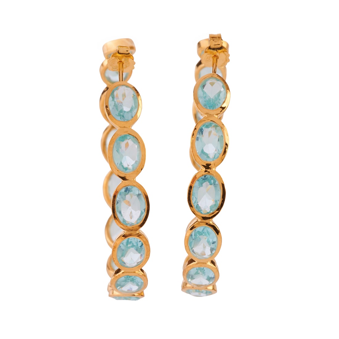 Pair of Blue Topaz, Vermeil Hoop Earrings: Pair of Blue Topaz, Vermeil Hoop Earrings. Each featuring fourteen oval-cut blue topaz, bezel set in a vermeil hoop mounting measuring approximately 46 mm. {Gross Weight: 6.8 dwts}