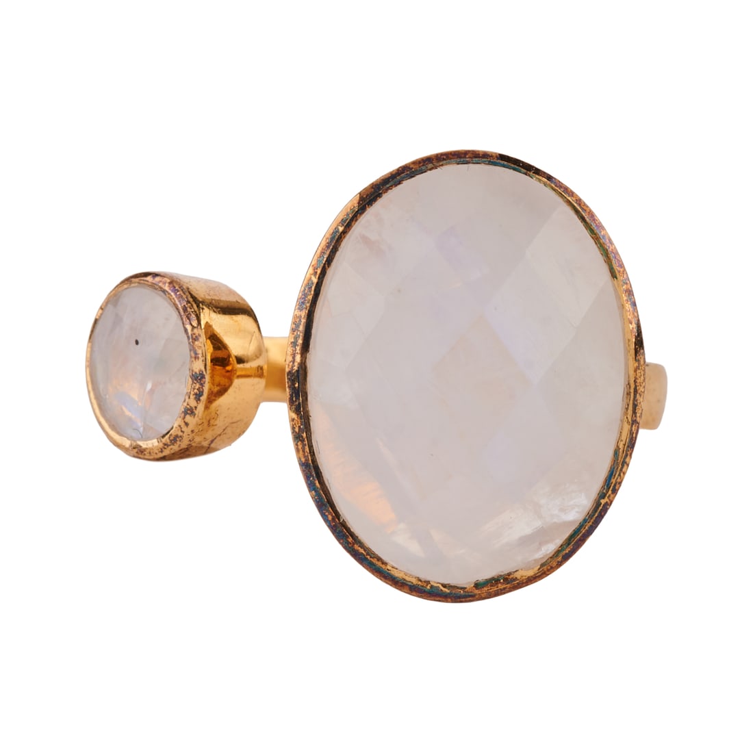 Moonstone, Vermeil Cuff Ring: Moonstone, Vermeil Cuff Ring. Featuring one oval shaped, faceted-top moonstone, accented by one round-cut moonstone, bezel set in a vermeil cuff mounting. {Size: 8 3/4, Gross Weight: 3.3 dwts}