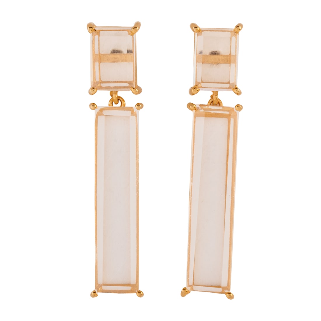 Pair of Quartz, Vermeil Earrings: Pair of Quartz, Vermeil Earrings. Each featuring one emerald-cut and one elongated emerald-cut pink quartz, set in a vermeil mounting measuring approximately 44 mm in length. {Gross Weight: 5.3 dwts}
