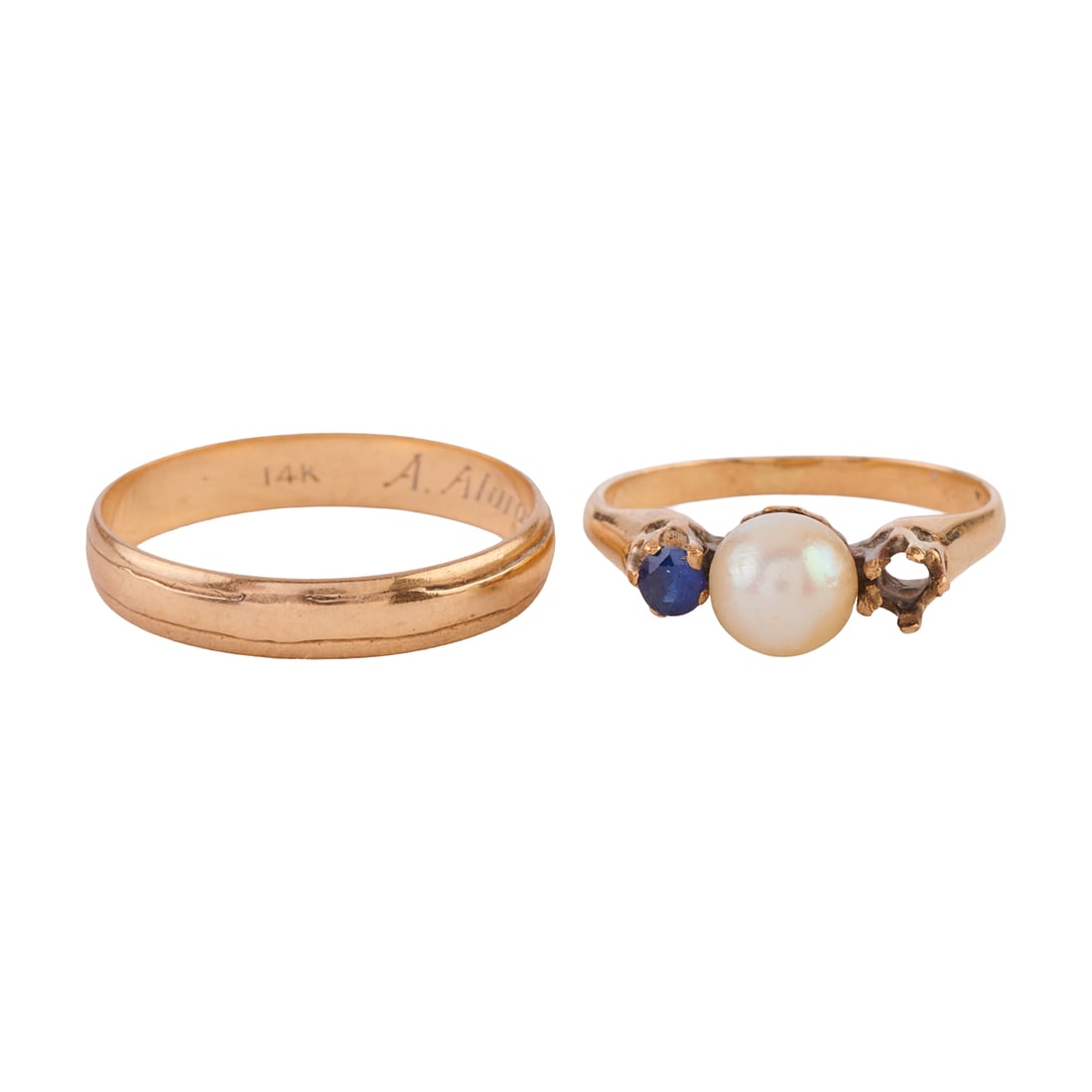 Two Cultured Pearl, Sapphire, 14k Yellow Gold Rings: Two Cultured Pearl, Sapphire, 14k Yellow Gold Rings. Including one cultured pearl, round-cut sapphire, 14k yellow gold ring, size 5 together with a 14k yellow gold band, size 7 3/4. {Gross Weight: