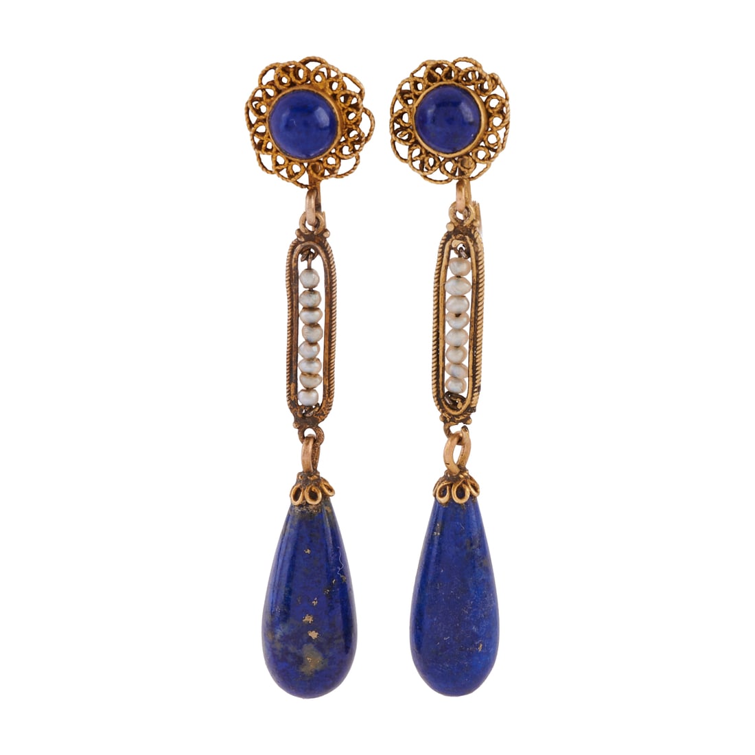 Pair of Vintage Lapis Lazuli, Seed Pearl, 14k Yellow Gold Earrings: Pair of Vintage Lapis Lazuli, Seed Pearl, 14k Yellow Gold Earrings. Each featuring one lapis lazuli drop and one round shaped cabochon, accented down the center by seed pearls, set in a 14k yellow