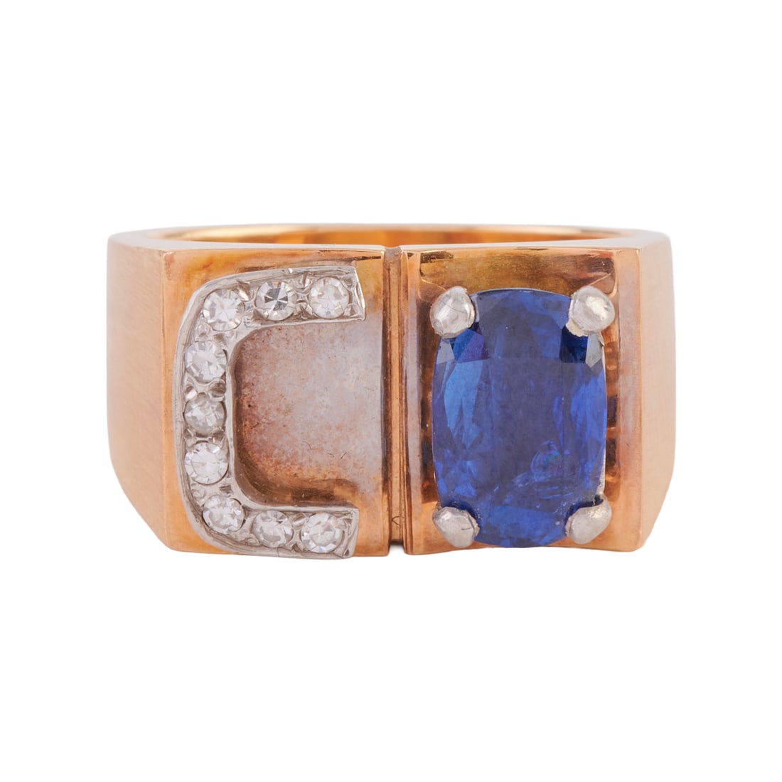 Men's Sapphire, Diamond, 14k Yellow Gold Ring: Men's Sapphire, Diamond, 14k Yellow Gold Ring. Featuring one cushion-cut sapphire weighing approximately 2.10 cts., accented by nine single-cut diamonds weighing a total of approximately 0.10 cttw