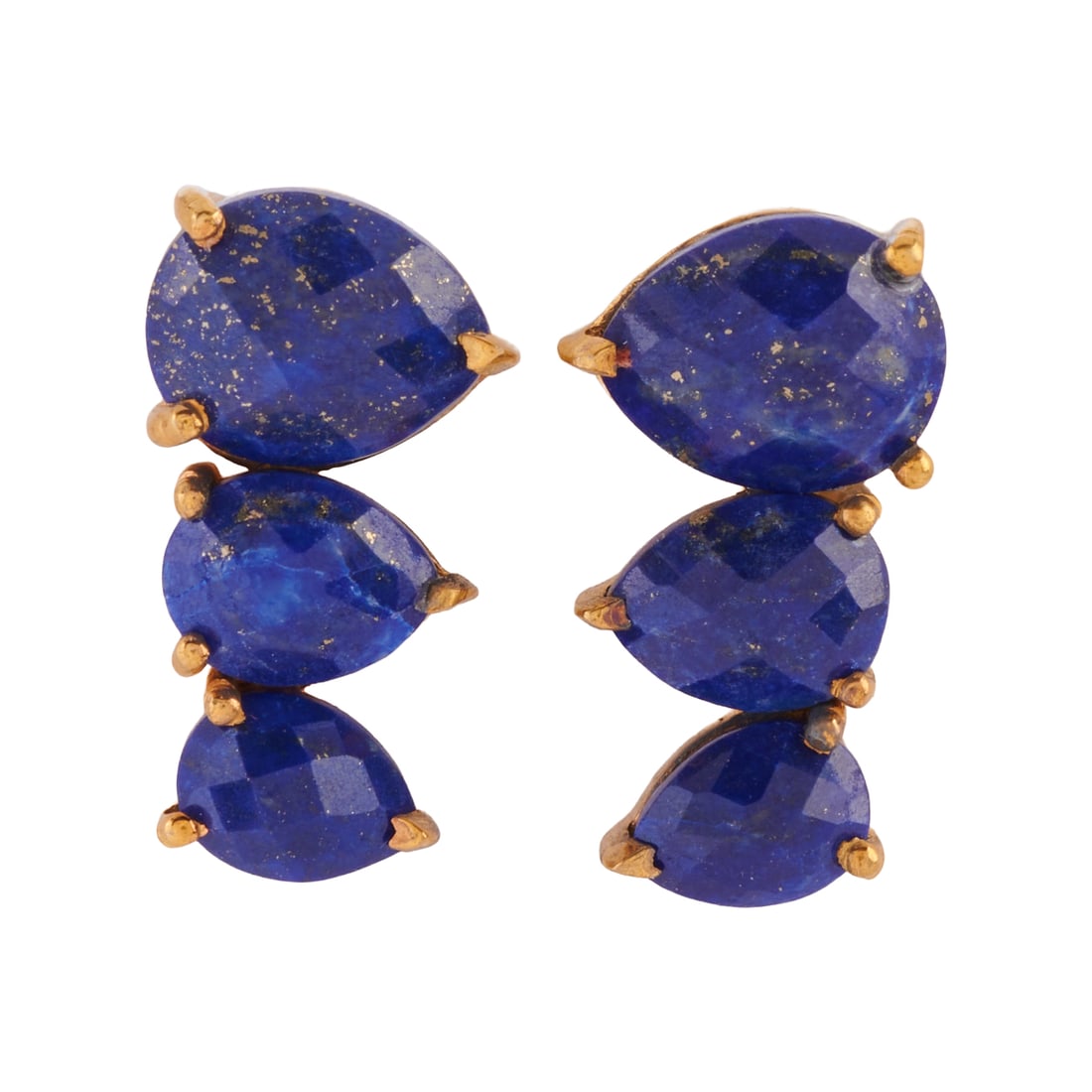 Pair of Lapis Lazuli, Vermeil Earrings: Pair of Lapis Lazuli, Vermeil Earrings. Each featuring three slightly graduated, pear shaped, faceted-top lapis lazuli, set in a vermeil mounting measuring approximately 20 x 11 mm. {Gross Weight: