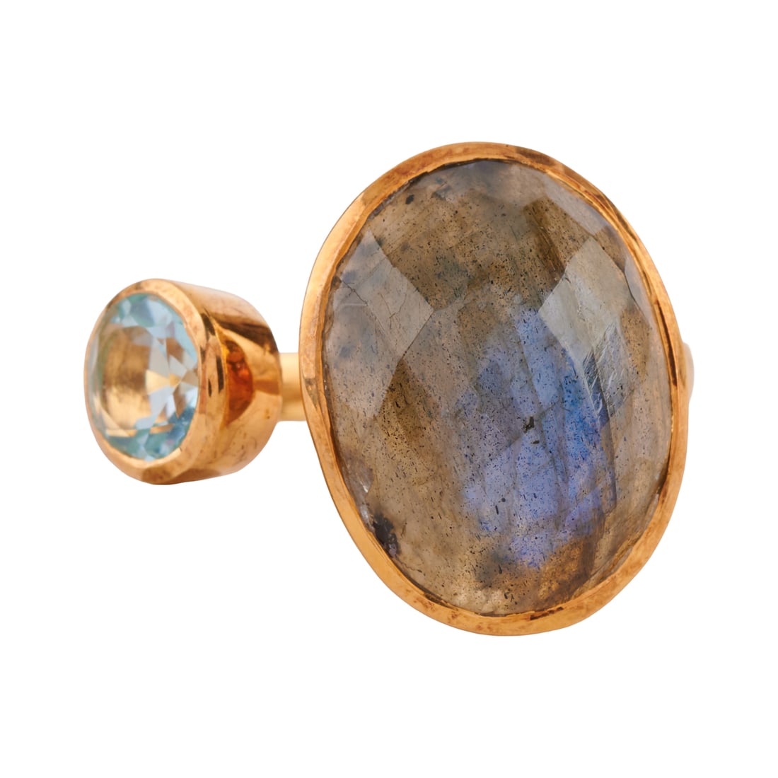 Labradorite, Blue Topaz, Vermeil Cuff Ring: Labradorite, Blue Topaz, Vermeil Cuff Ring. Featuring one oval shaped, faceted-top labradorite, accented by one round-cut blue topaz, bezel set in a vermeil cuff ring mounting. {Size: 8, Gross