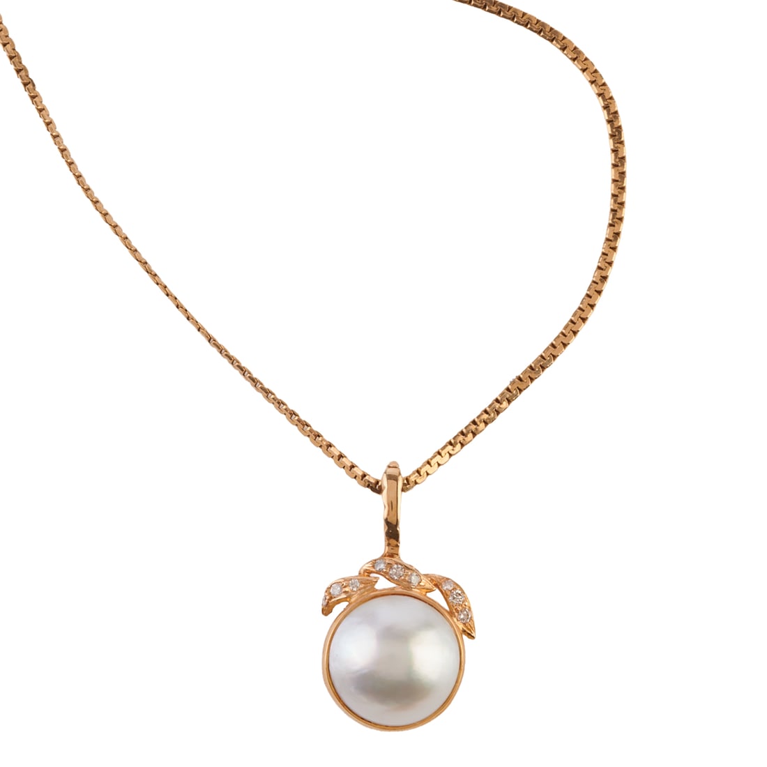 Mabe Cultured Pearl, Diamond, 14k Yellow Gold Pendant Enhancer Necklace: Mabe Cultured Pearl, Diamond, 14k Yellow Gold Pendant Enhancer Necklace. Featuring one mabe cultured pearl, accented by nine full-cut diamonds weighing a total of approximately 0.15 cttw., set in a