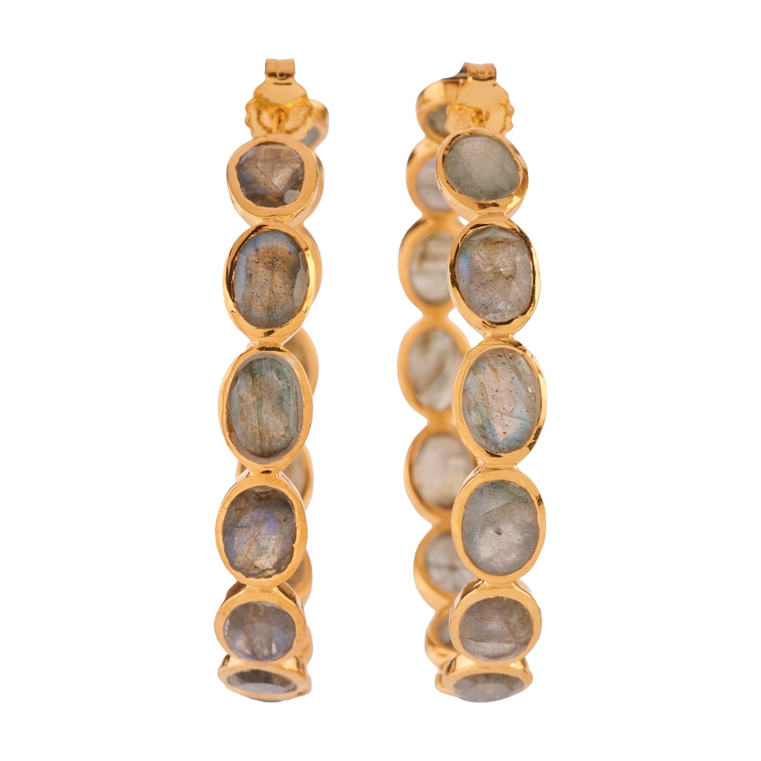Pair of Labradorite, Vermeil Hoop Earrings: Pair of Labradorite, Vermeil Hoop Earrings. Each featuring fourteen oval-cut labradorites, bezel set in a vermeil hoop mounting measuring approximately 44 mm. {Gross Weight: 6.7 dwts}