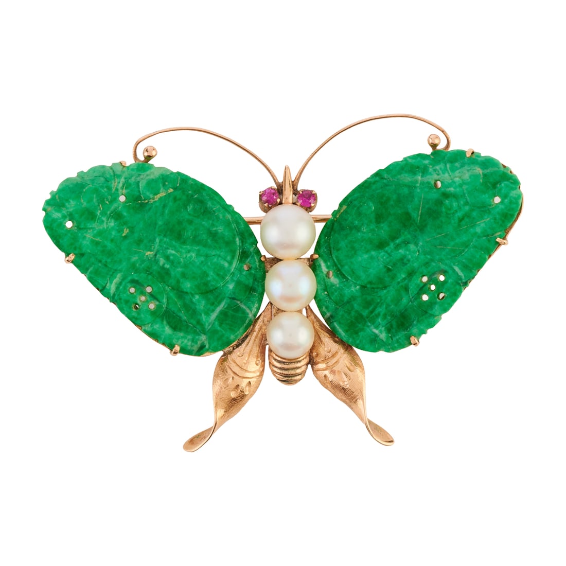 Jade, Cultured Pearl, Pink Sapphire, 14k Yellow Gold Butterfly Brooch (1 of 4)