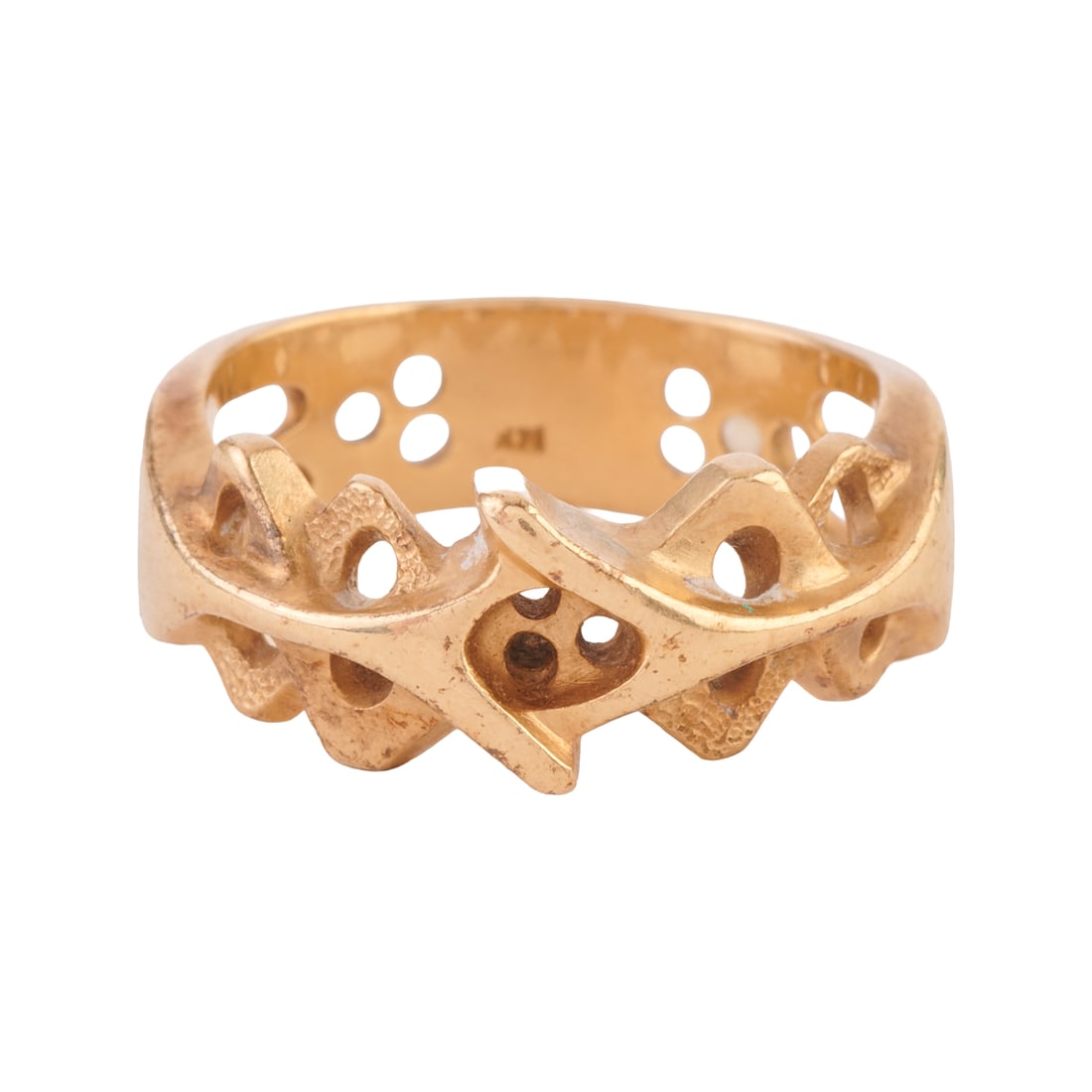 14k Yellow Gold Ring: 14k Yellow Gold Ring. The 14k yellow gold open work band measuring approximately 9 mm in width. {Size: 8 3/4, Gross Weight: 4.9dwts}