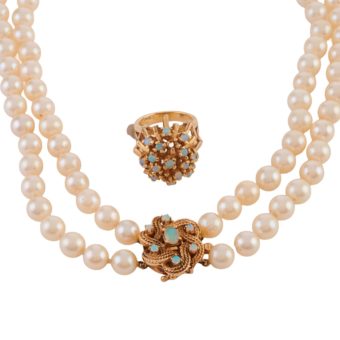 Opal, Cultured Pearl, 14k Yellow Gold Jewelry Suite: Opal, Cultured Pearl, 14k Yellow Gold Jewelry Suite. Including one cultured pearl, opal, 14k yellow gold two strand 21 inch necklace together with an opal cabochon, 14k yellow gold ring, size 6.