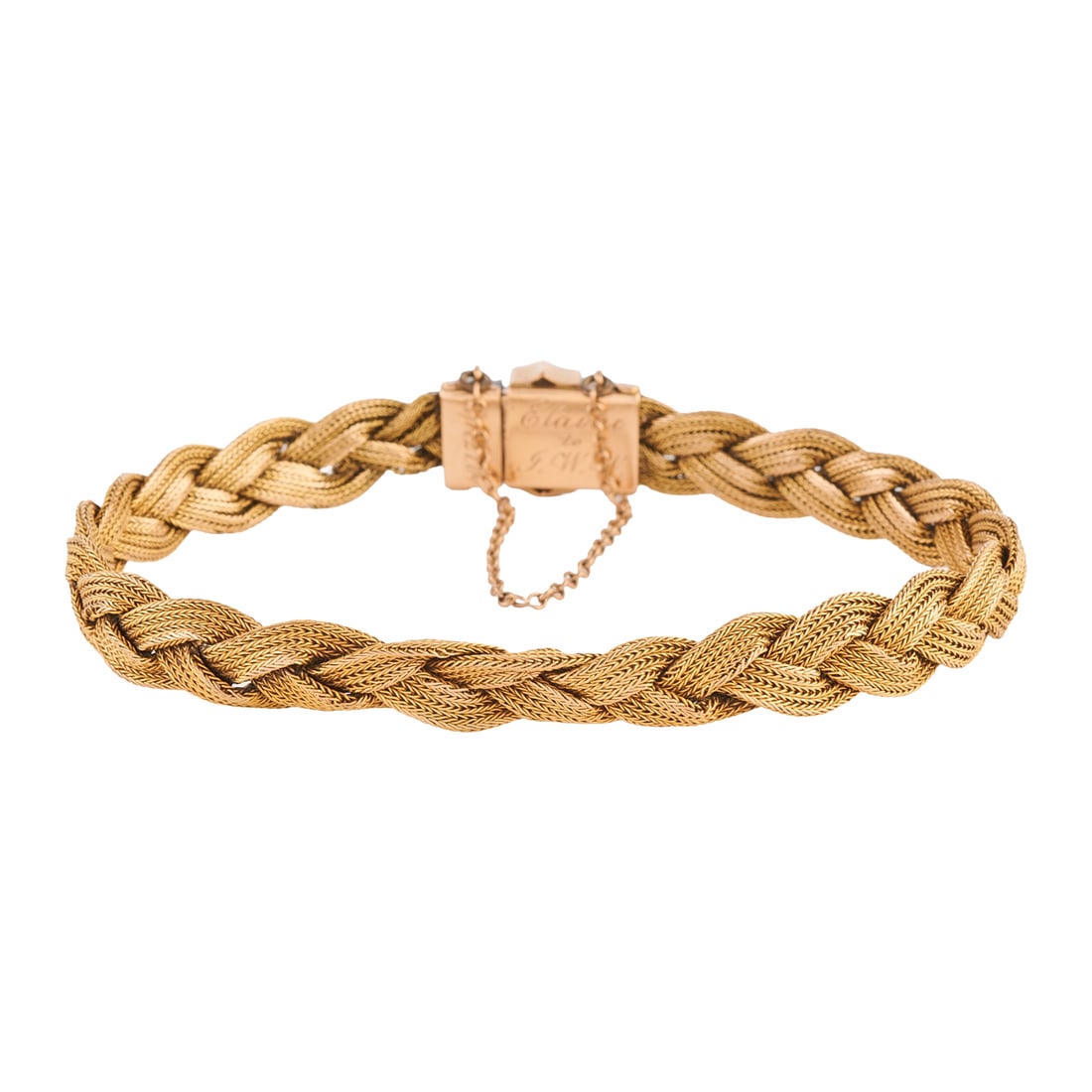 Vintage 14k Yellow Gold Bracelet: Vintage 14k Yellow Gold Bracelet. The 14k yellow gold braided mesh link measuring approximately 8 mm in width, completed by a tongue and groove clasp with safety chain, forming a 7 1/2 inch bracelet.