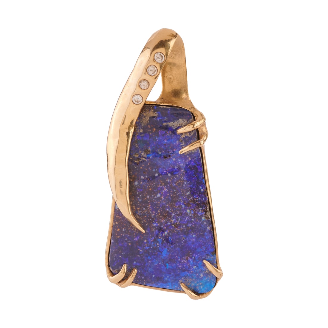Boulder Opal, Diamond, 14k Yellow Gold Pendant: Boulder Opal, Diamond, 14k Yellow Gold Pendant. Featuring one boulder opal measuring approximately 37 x 21 mm, accented by four full-cut diamonds weighing a total of approximately 0.20 cttw., set in