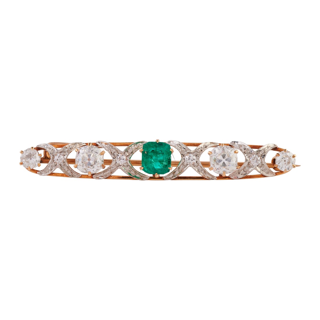 Edwardian Emerald, Diamond, Platinum-Topped, 14k Yellow Gold Bar Brooch: Edwardian Emerald, Diamond, Platinum-Topped, 14k Yellow Gold Bar Brooch. Featuring one square emerald-cut emerald weighing approximately 0.80 ct., accented by eight old mine-cut diamonds weighing a