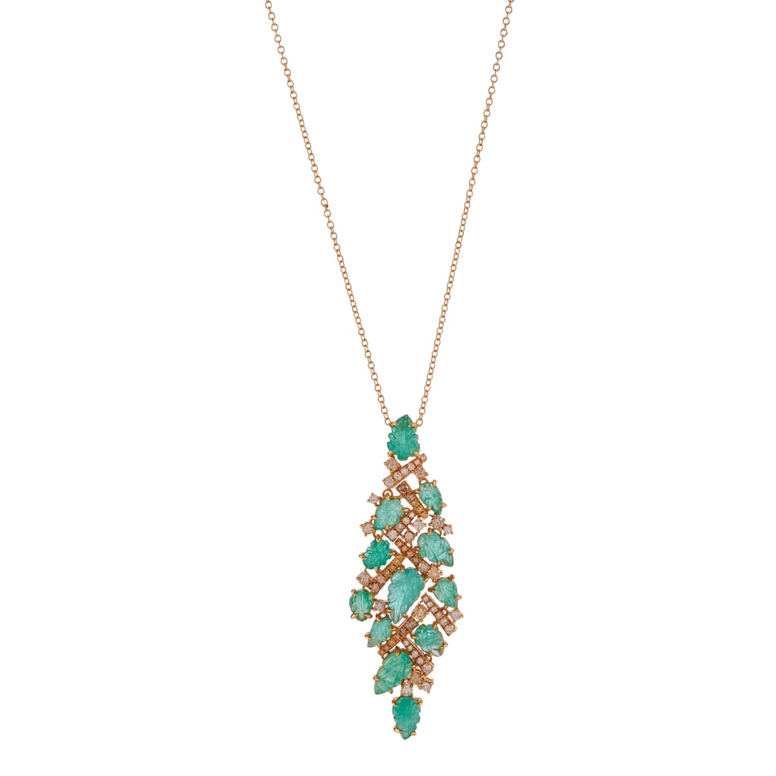 Carved Emerald, Diamond, 18k Yellow Gold Pendant Necklace: Carved Emerald, Diamond, 18k Yellow Gold Pendant Necklace. Featuring twelve carved emeralds depicting leaves and weighing a total of approximately 7.85 cttw., accented by fifty-nine round-cut