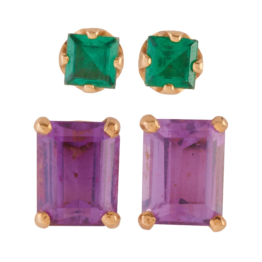 Two Pairs of Emerald, Amethyst, 14k Yellow Gold Stud Earrings: Two Pairs of Emerald, Amethyst, 14k Yellow Gold Stud Earrings. Including one pair of square emerald-cut emerald, 14k yellow gold stud earrings measuring approximately 6 mm together with a pair of