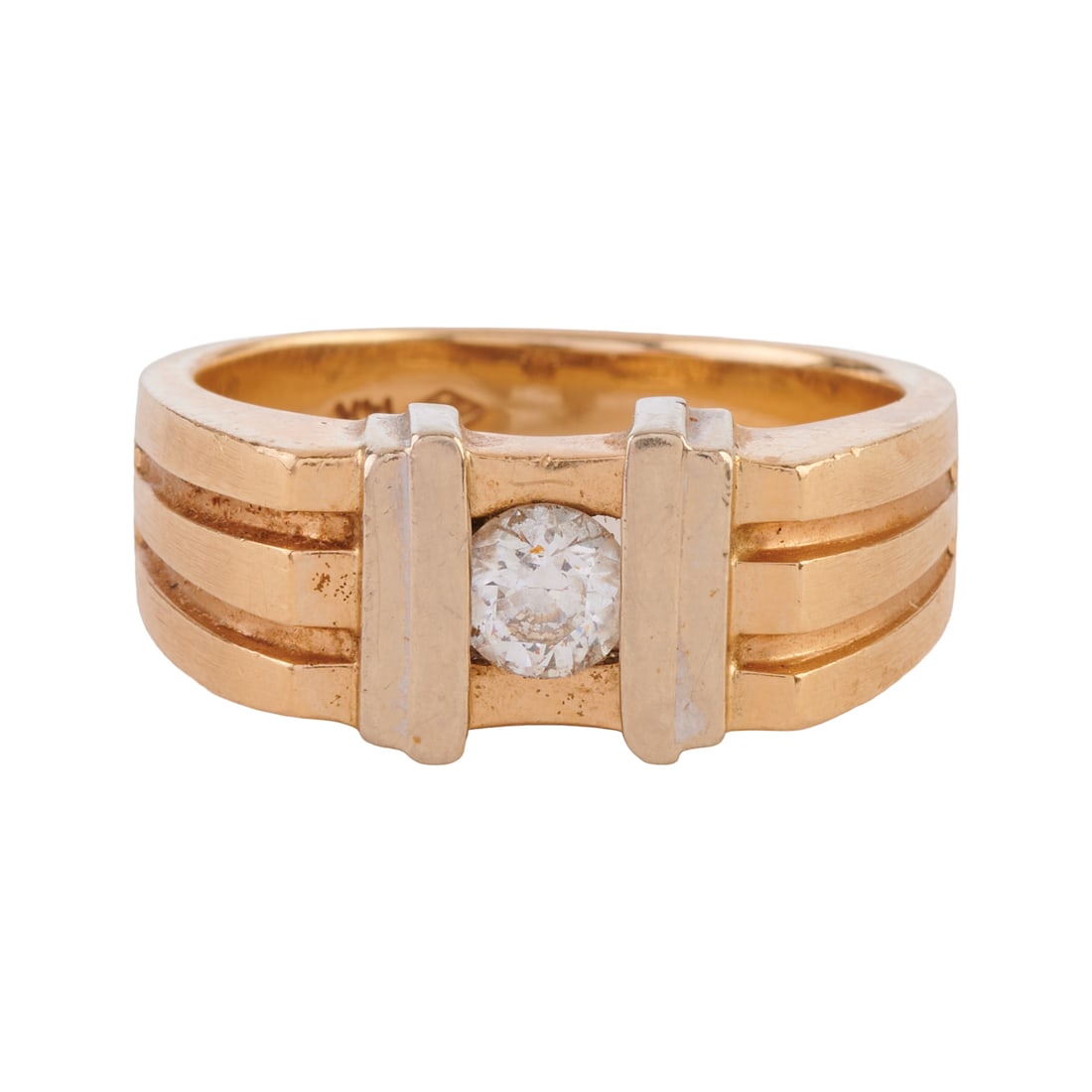 Men's Diamond, 14k Yellow Gold Ring: Men's Diamond, 14k Yellow Gold Ring. Featuring one transitional round-cut diamond weighing approximately 0.40 ct., set in a 14k yellow gold mounting. {Size: 10 1/4, Gross Weight: 7.3 dwts}
