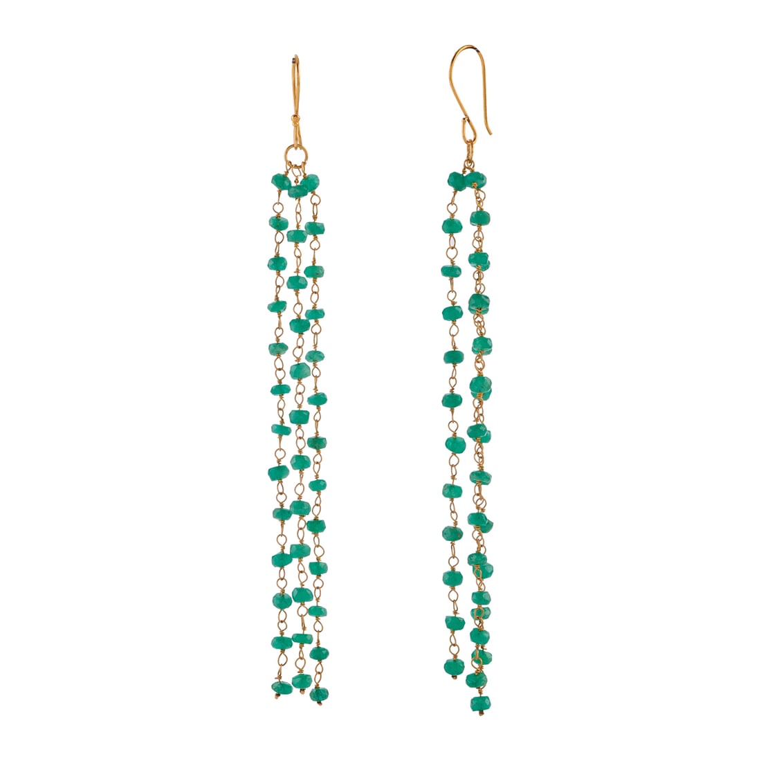 Pair of Emerald Bead, 18k Yellow Gold Tassel Earrings: Pair of Emerald Bead, 18k Yellow Gold Tassel Earrings. Each featuring several faceted emerald beads, suspended from three rows of 18k yellow gold chain, completed by 18k yellow gold ear hooks and meas